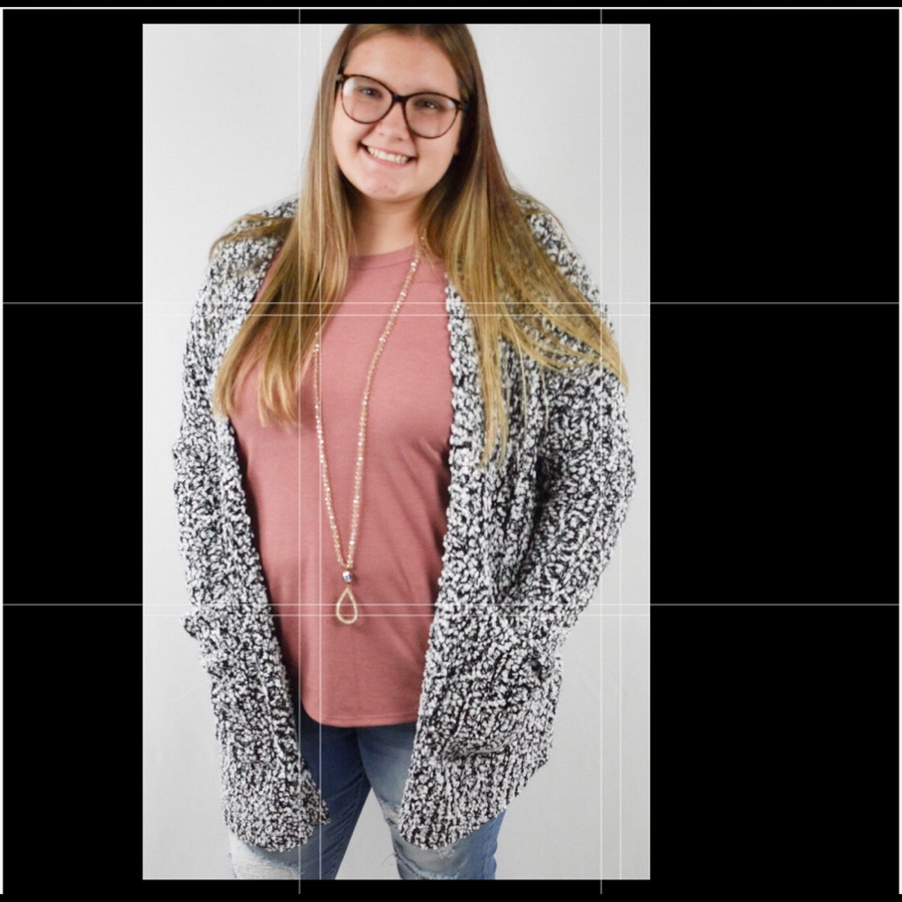 Light Ribbed Popcorn Long Cardigan with Pockets - Black and White